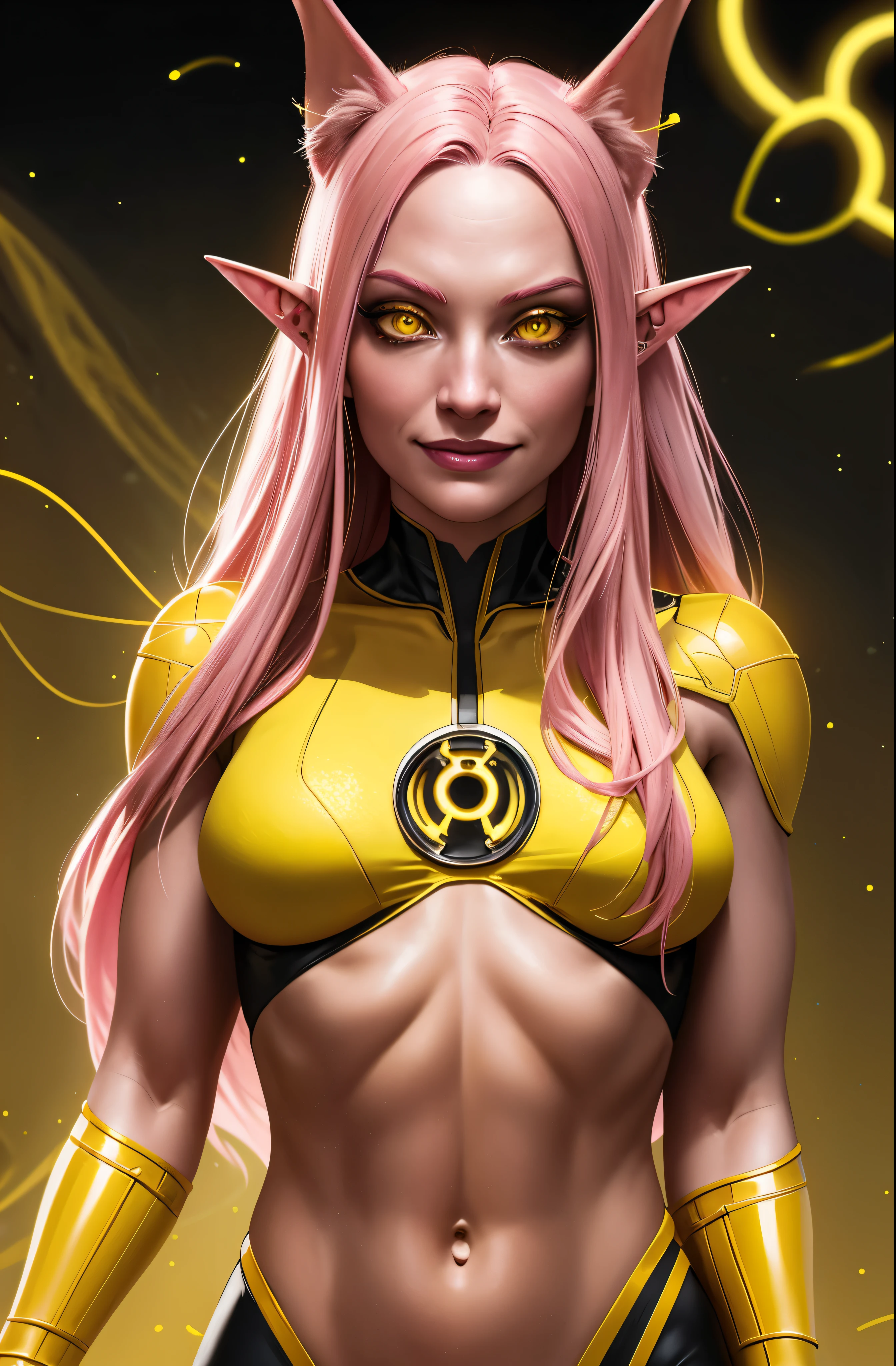 woman, long pink hair, yellow eyes, evil smile, yellow black crop top, wearing a yellow ring, space background, medium breasts, sexy, feminine, masterpiece, beautiful detailed eyes, detailed face, looking at viewer, glowing, half body portrait, yellow lantern, magazine pose, flying, elven ears