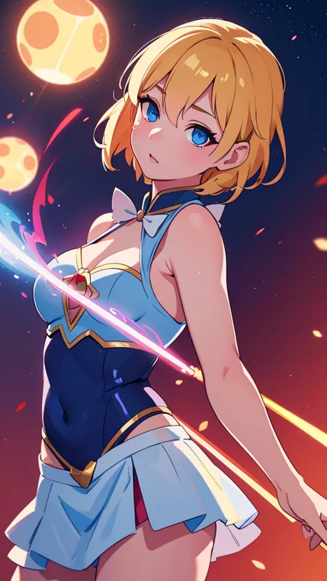 a beautiful idol girl with blond short hair, one red eye and one blue eye, wearing a magical girl themed idol outfit in blue and...