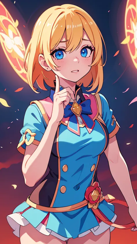 a beautiful idol girl with blond short hair, one red eye and one blue eye, wearing a magical girl themed idol outfit in blue and...