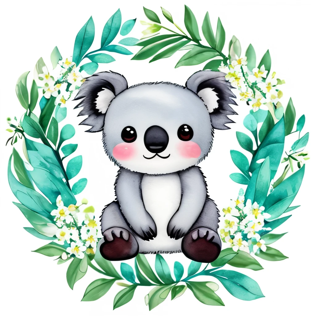 cute chibi bright adorable baby koala bear watercolor artistic style surrounded by white and teal flower arrangement on a white background