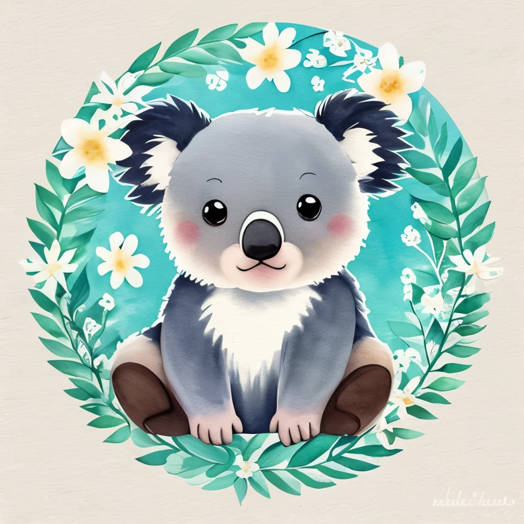 cute chibi bright adorable baby koala bear watercolor artistic style surrounded by white and teal flower arrangement on a white background