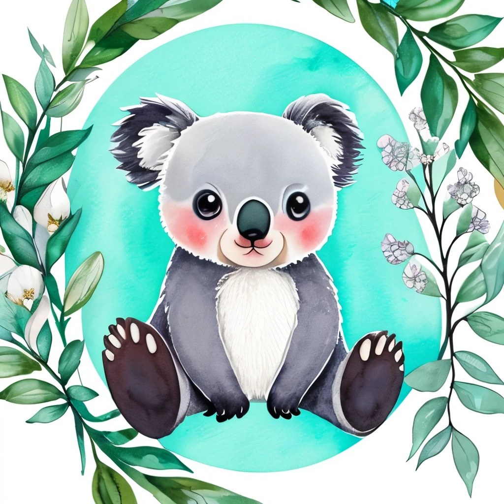 cute chibi bright adorable baby koala bear watercolor artistic style surrounded by white and teal flower arrangement on a white background