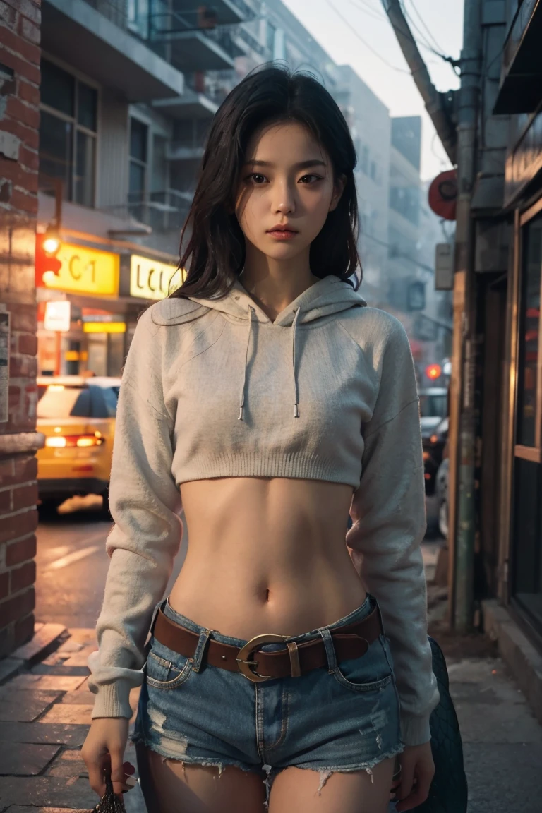 a girl, Loose cropped hoodie, long sleeve, (bare midriff, exposed navel), sexy abs, navel open，completely exposed abdomen, Low-rise hot pants，Exposing the entire abdomen，Mermaid Line, groin，metal belt, cowboy shot, summer street, 8k, best quality, masterpiece, photorealistic, ultra-detailed, vivid colors, professional lighting, cinematic, dynamic pose, dramatic lighting, intricate details，Looking at the camera