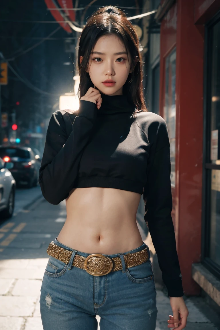 a girl, Loose cropped hoodie, long sleeve, (bare midriff, exposed navel), sexy abs, navel open，completely exposed abdomen, Low-rise hot pants，Exposing the entire abdomen，Mermaid Line, groin，metal belt, cowboy shot, summer street, 8k, best quality, masterpiece, photorealistic, ultra-detailed, vivid colors, professional lighting, cinematic, dynamic pose, dramatic lighting, intricate details，Looking at the camera