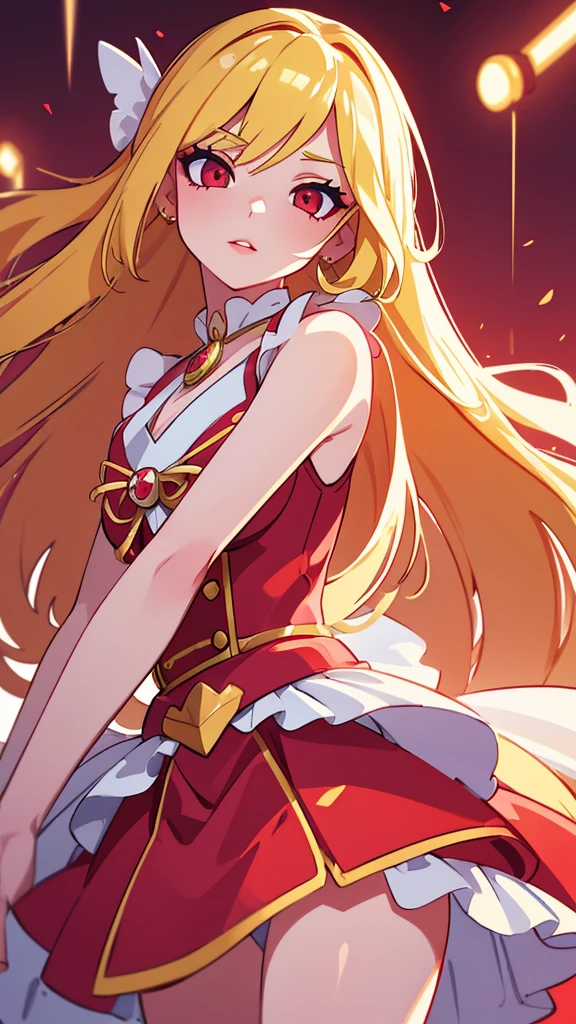 A beautiful pop idol girl with long blonde hair and red eyes, wearing a magical girl themed idol outfit in red and white, extremely detailed face and eyes, beautiful detailed lips, longeyelashes, masterpiece, 8k, HDR, high quality, fantasy, magical girl, pop idol, idol outfit, red and white, blonde hair, red eyes, detailed face, detailed eyes, detailed lips, long eyelashes, cinematic lighting, vivid colors, photorealistic