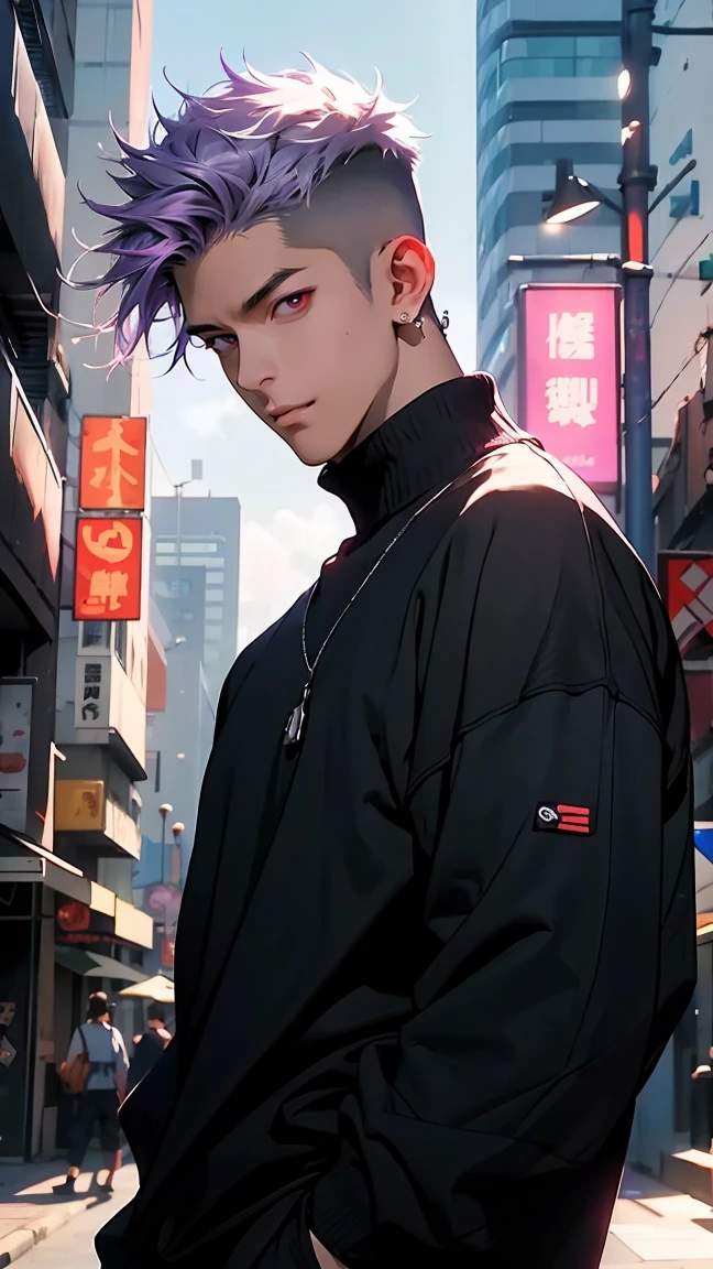 highest quality, 8K, high resolution image, anime style Jujutsu Kaisen, (Cell of Empireo/Seodoa Riddle), detailed strokes, bored look , blurred, purple light reflecting from it, (close angle), 1 man, young, male, model, hand in pocket, cool guy, multicolored Background with various geometric shapes, around stickers, muscular, light purple hair, spiky hair ,swollen chest, Red Eyes, withe shirt, black sweater, sweatpants,  Background: big City, Streets, Park, People, blue sky, Cars, Bike