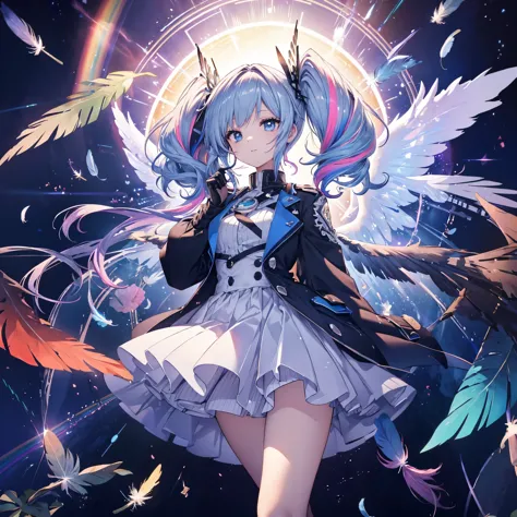 ((archangel　fantasy　rainbow hair　make your hair rainbow-colored on the inside　twin tails　dull blue eyes))　((has a galaxy　uniform...