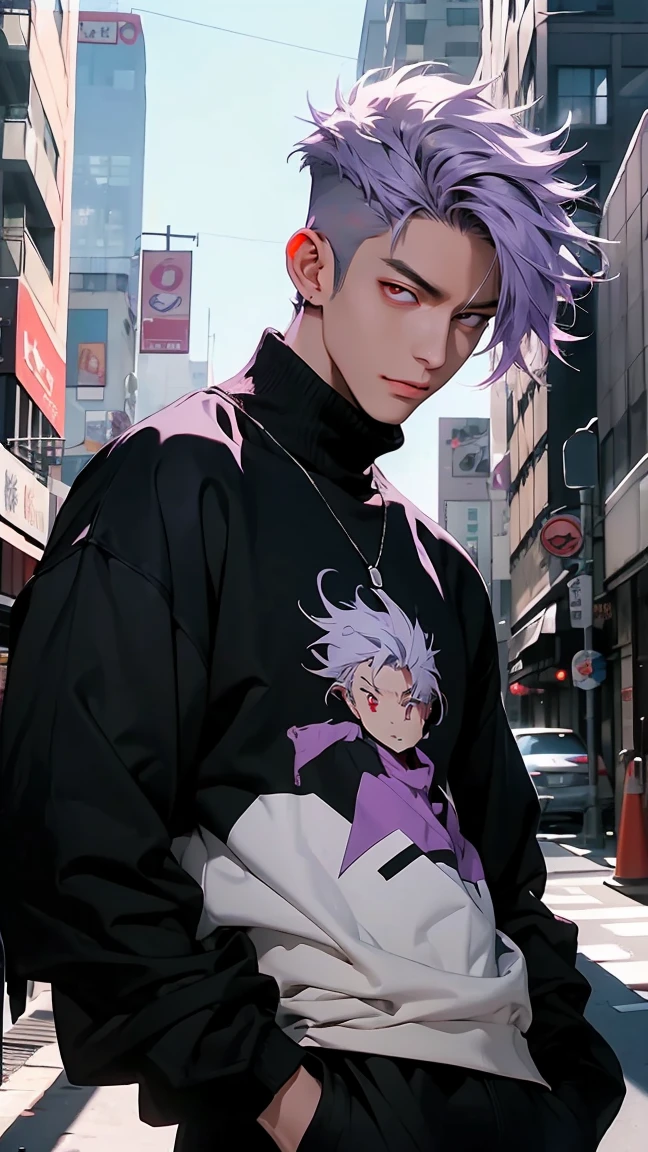 highest quality, 8K, high resolution image, anime style Jujutsu Kaisen, (Cell of Empireo/Seodoa Riddle), detailed strokes, bored look , blurred, purple light reflecting from it, (close angle), 1 man, young, male, model, hand in pocket, cool guy, multicolored Background with various geometric shapes, around stickers, muscular, light purple hair, spiky hair ,swollen chest, Red Eyes, withe shirt, black sweater, sweatpants,  Background: big City, Streets, Park, People, blue sky, Cars, Bike