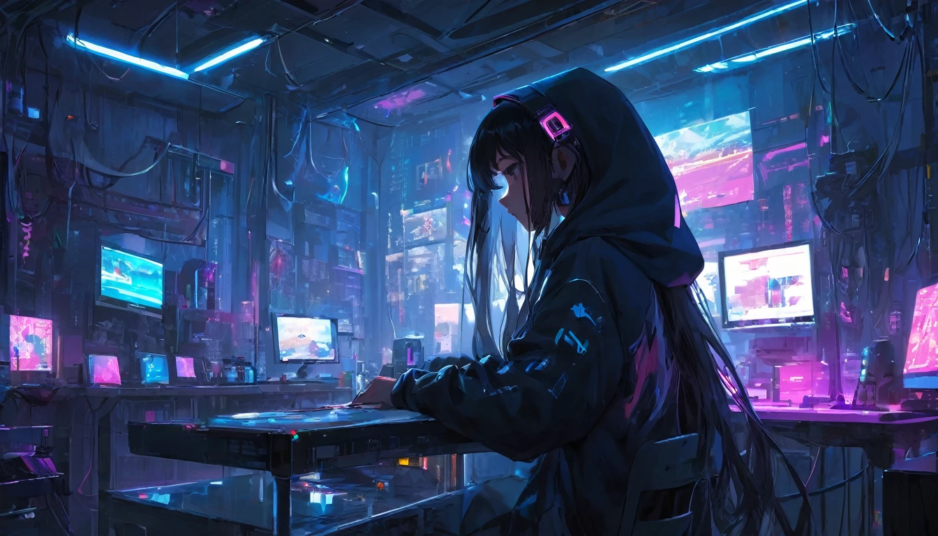 (best quality, masterpiece), 1 Girl, hoodie, long hair, cosmetic, , Cyberpunk style messy room. More neon. Many machines of unknown purpose. Large Windows，A sense of openness. it's sunny outside.