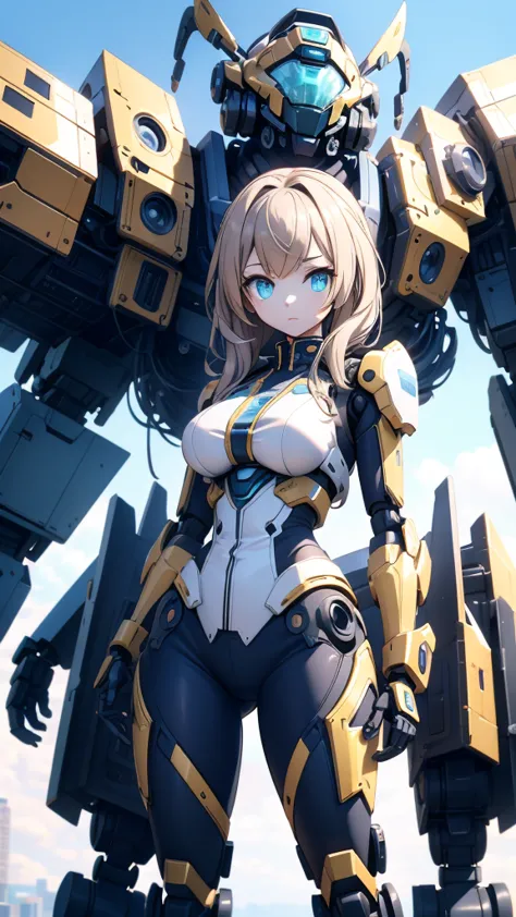 girl standing in front of the mecha，mech pilot，rounded curves of the mecha，mecha background，mechanical style background，girl in ...