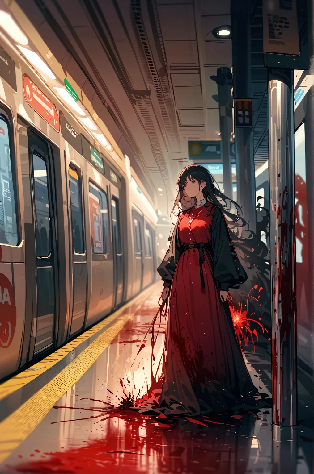 masterpiece，woman,best quality, very beautiful, absurd, metro station，The subway whizzes by，Subway passing by，Bloodstains scattered all over，Exploding blood mist