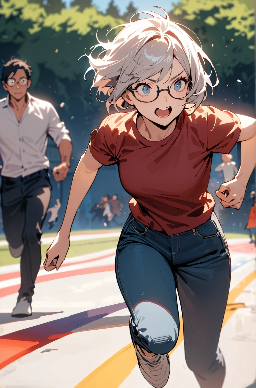 masterpiece，woman,best quality, very beautiful, absurd, Playground runway，A short-haired man with glasses and wearing a shirt and jeans is running，Right arm，collapse