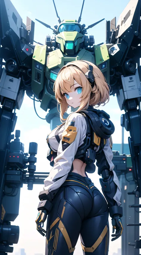 Girl standing in front of the mecha，Mech pilot，Rounded curves of the mecha，Mecha Background，Mechanical style background，Girl in ...