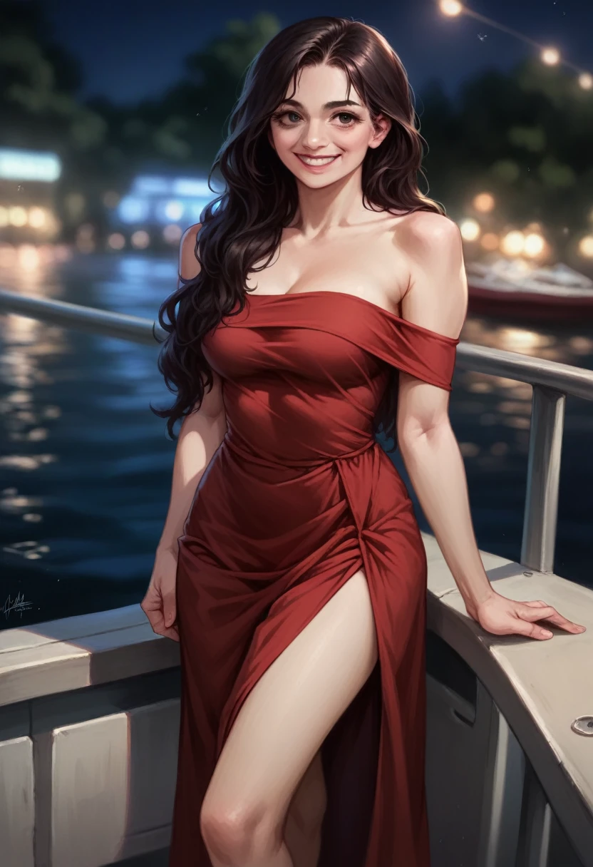 lovely girl next to the yacht，voluminous hair，delicate face，realistic，For real，large aperture，wear a dark red dress，cropped dress，Off shoulder，dress around the neck，slim，smile，ultra high resolution, blurred background