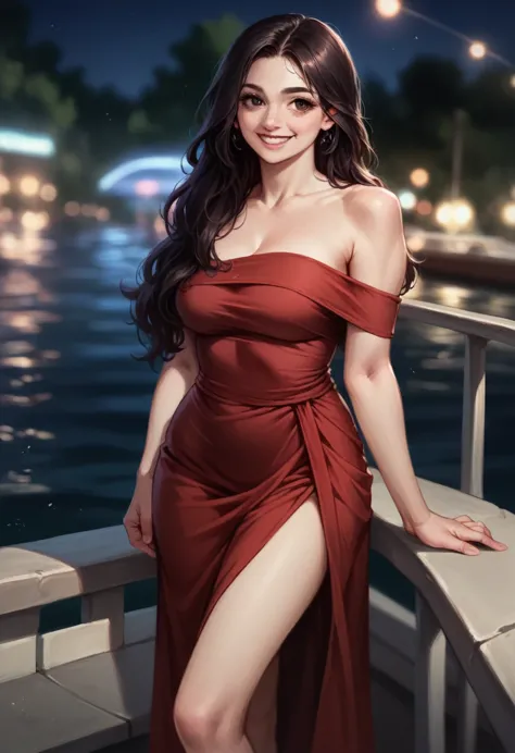 lovely girl next to the yacht，voluminous hair，delicate face，realistic，for real，large aperture，wear a dark red dress，cropped dres...