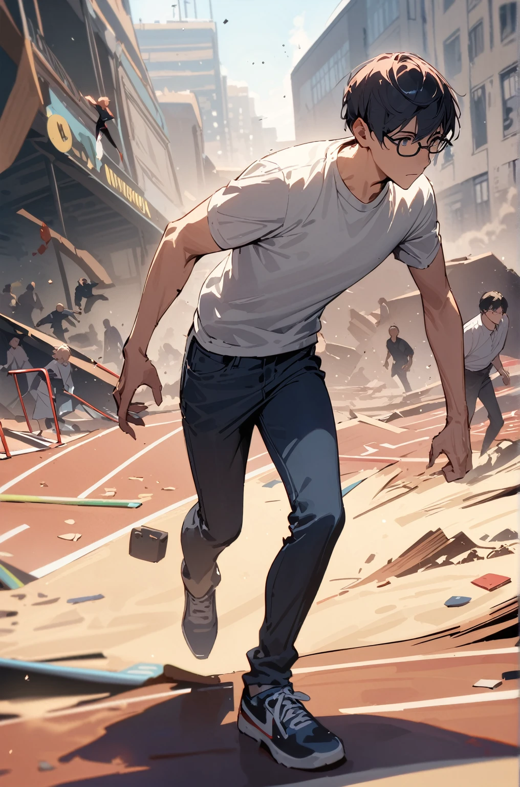 masterpiece，woman,best quality, very beautiful, absurd, No one on the playground track，A man with short hair and glasses wearing a shirt and jeans is walking，Right arm，collapse