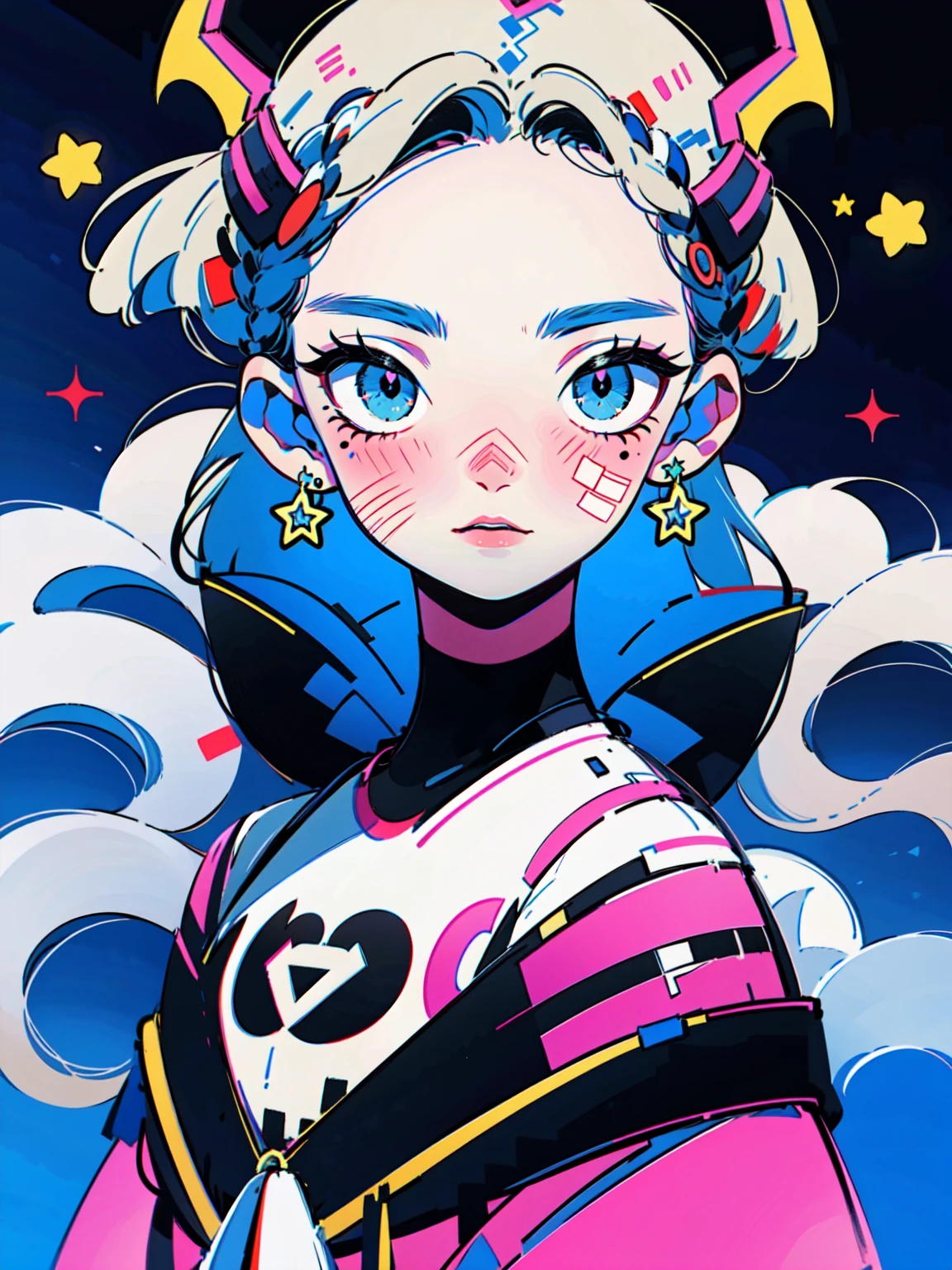 4lb1n0, 1girl, neon purple hair, Big eyes, Flower pattern on eyes, Pupil shape, glowing cyan eyes, star-shaped earrings, holographic jacket, metallic silver lipstick, portrait with confident pose, neon cityscape background, masterpiece, best quality, cut3h0rnstyl3, looking to the side, horns, (Neon Night Demon)