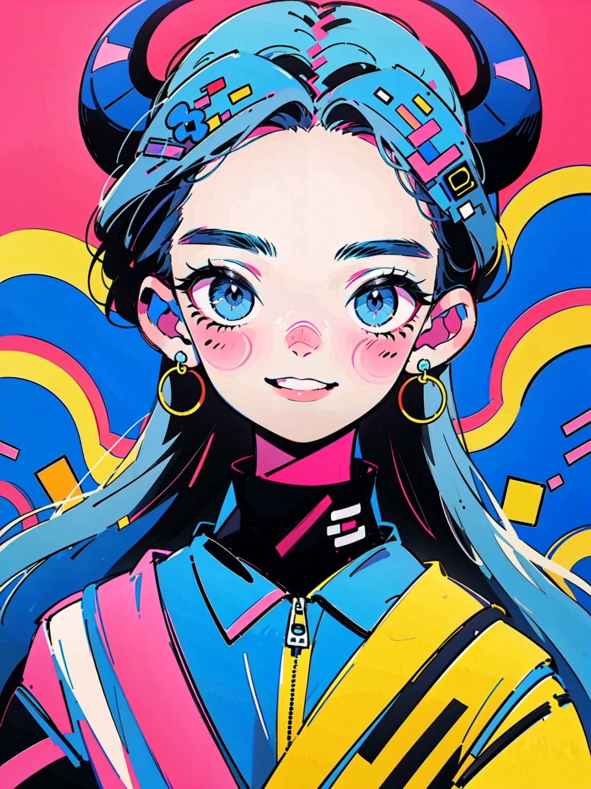 4lb1n0, 1girl, pastel blue hair, Big eyes, Flower pattern on eyes, Pupil shape, radiant pink eyes, cassette tape earrings, neon windbreaker, metallic blue lipstick, portrait with a fun smile, retro music video background, masterpiece, best quality, cut3h0rnstyl3, looking over shoulder, horns, (Retro Pop Demon)

