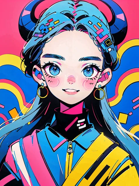 4lb1n0, 1girl, pastel blue hair, Big eyes, Flower pattern on eyes, Pupil shape, radiant pink eyes, cassette tape earrings, neon ...