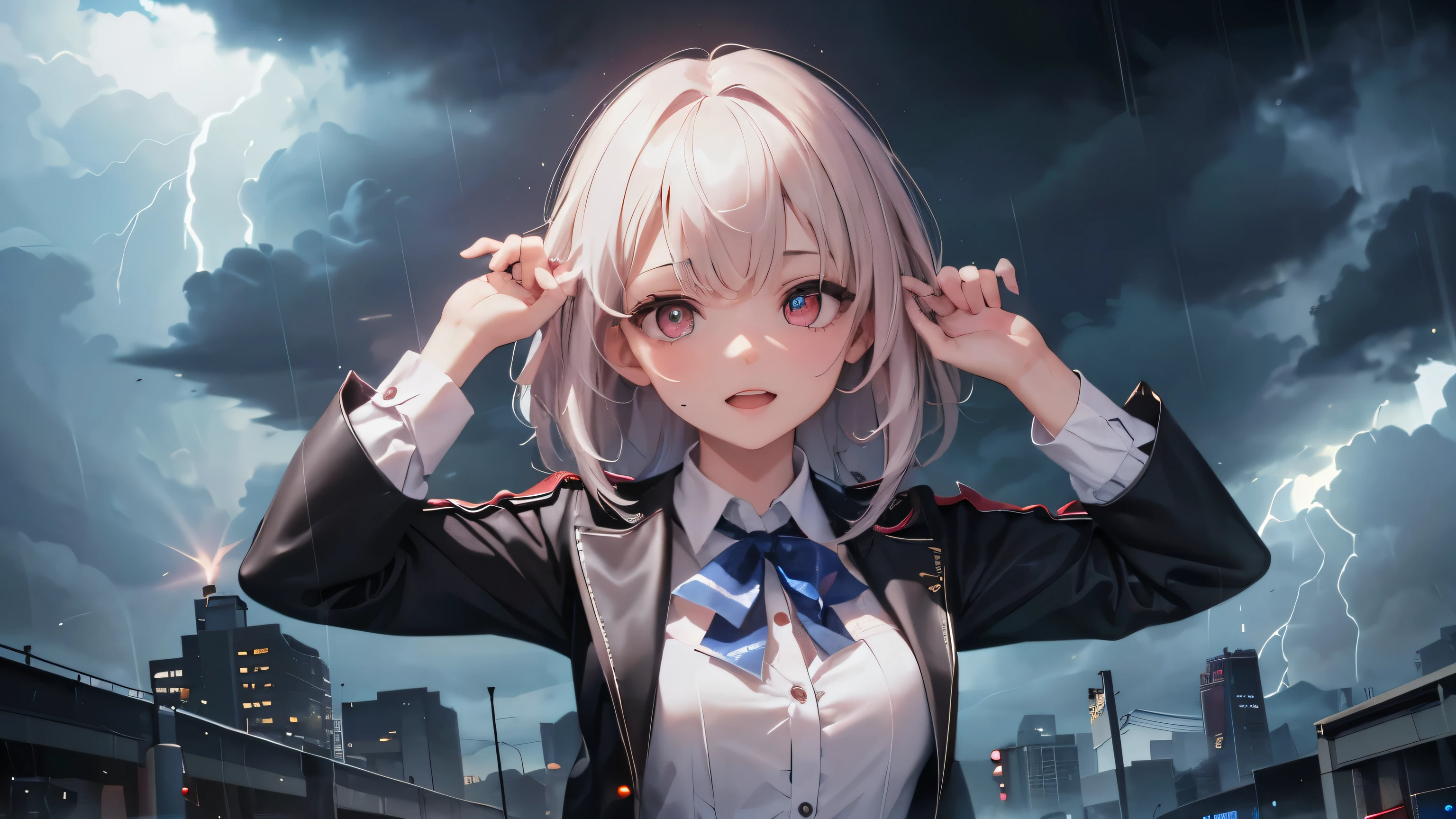 Anime girl with white hair and glasses standing in front of a city - SeaArt  AI