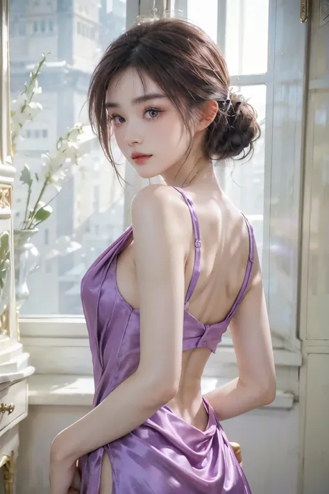 8k、 (Super sexy purple outfit made of shiny silk), Enchanting Girl, Very detailed,Audrey Hepburn, Exquisite decorative details 、...