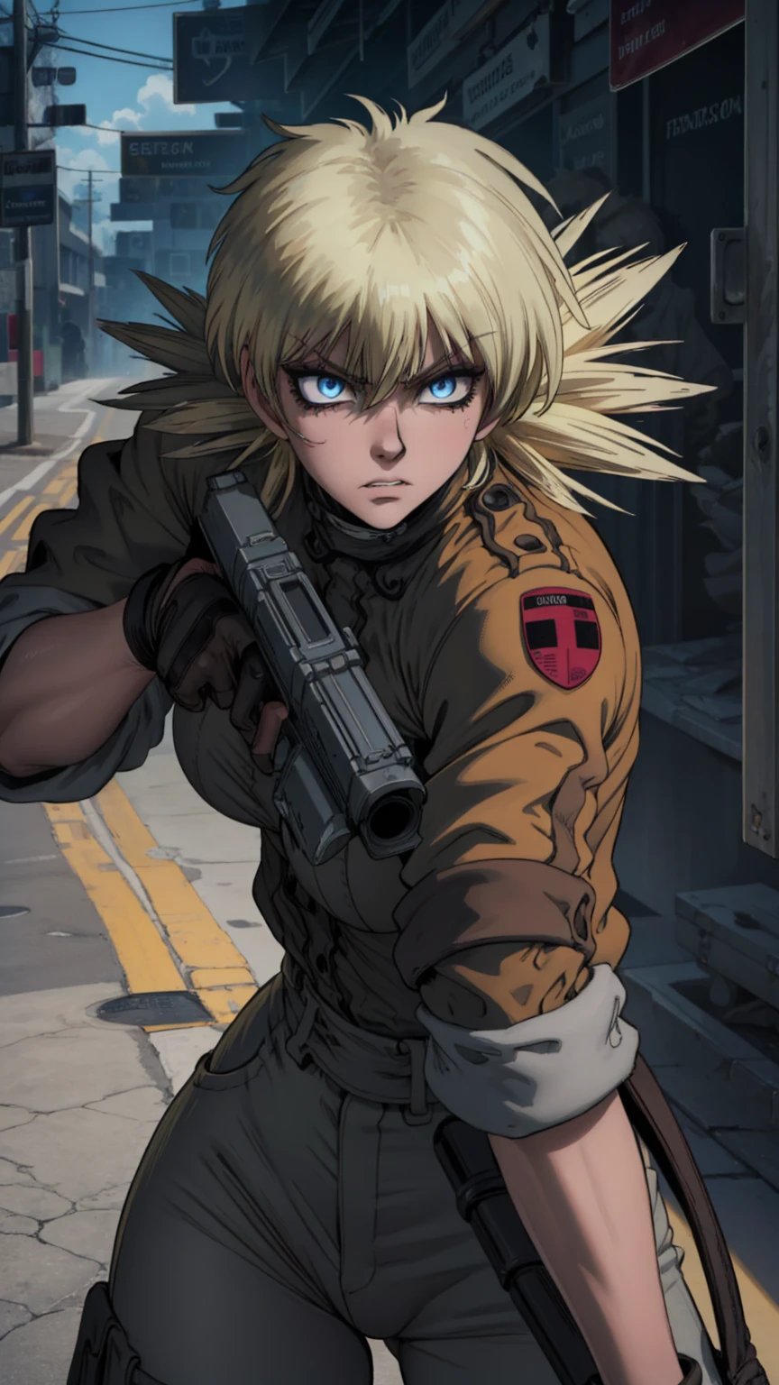 (best quality,4k,8k,highres,masterpiece:1.2),ultra-detailed,extremely detailed girl,beautiful detailed eyes,beautiful detailed lips,longeyelashes,leather jacket and pants,angry expression,holding a gun,black and white photography,low-key lighting,dark and gritty,urban setting,fierce attitude,action-packed scene,Vivid colors,intense shadows,sharp focus, seras, seras victoria, closeup, face closeup, frustrated expression 