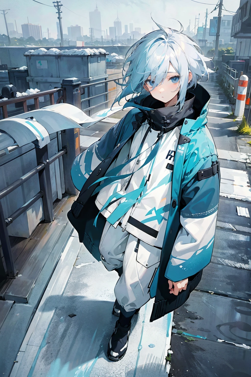 1male, half color hair, white hair, light blue hair, short scruffy messy hair, black eyes, oversized light blue jacket, white shirt, layered clothing, baggy white pants, city background, detailed background, hands to side, standing on path, expressionless