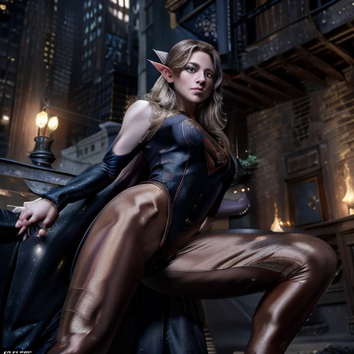 masterpiece, a beautiful elf with a perfect and sensual face, her fit body is made of hyper-realistic snake skin (todo cuerpo piel de serpiente), great detail of textures. The elf is a beautiful superhero, strong hard breasts, sexy image, intricate details. The background is Gotham City.