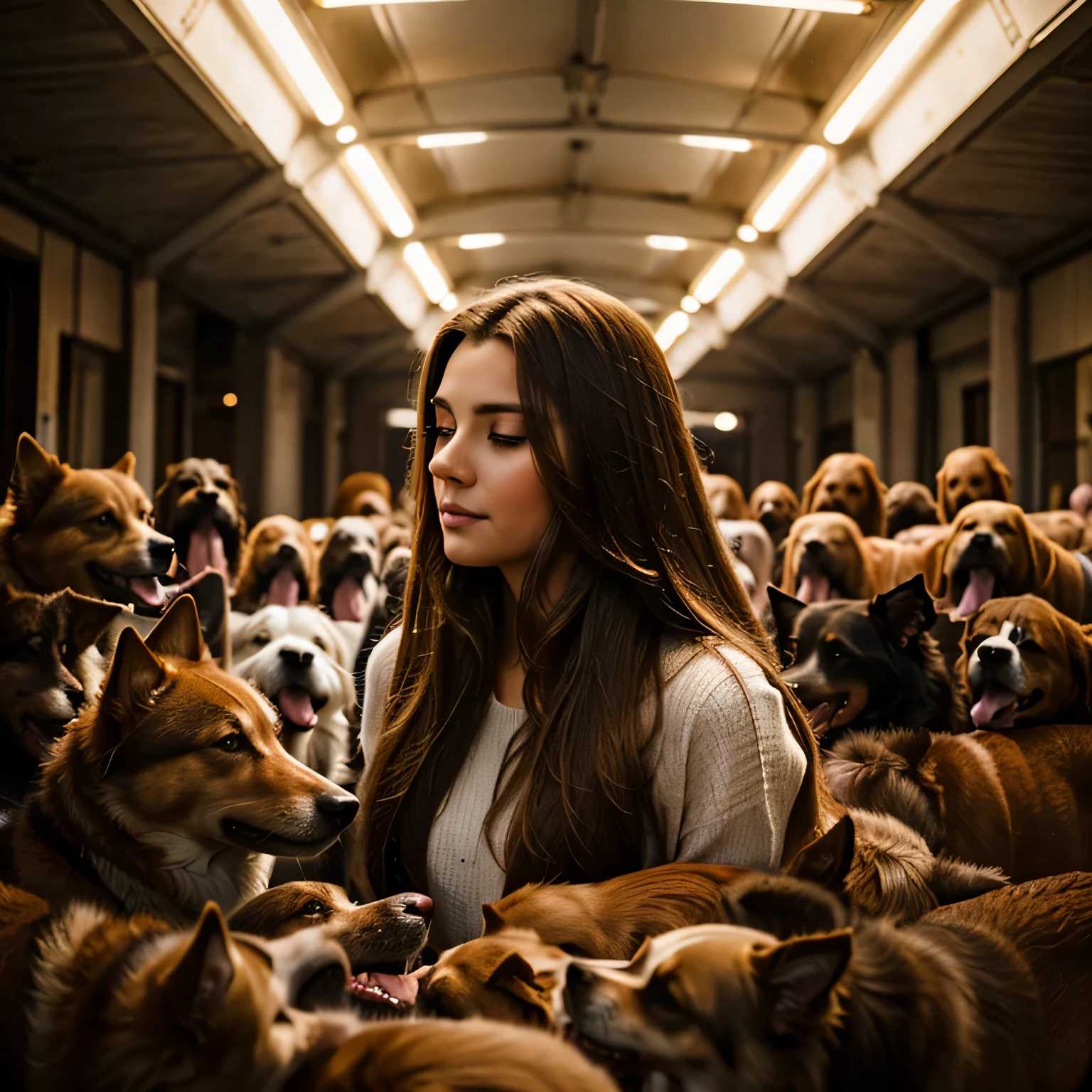 Woman surrounded by dogs in a hallway with a ceiling light - SeaArt AI