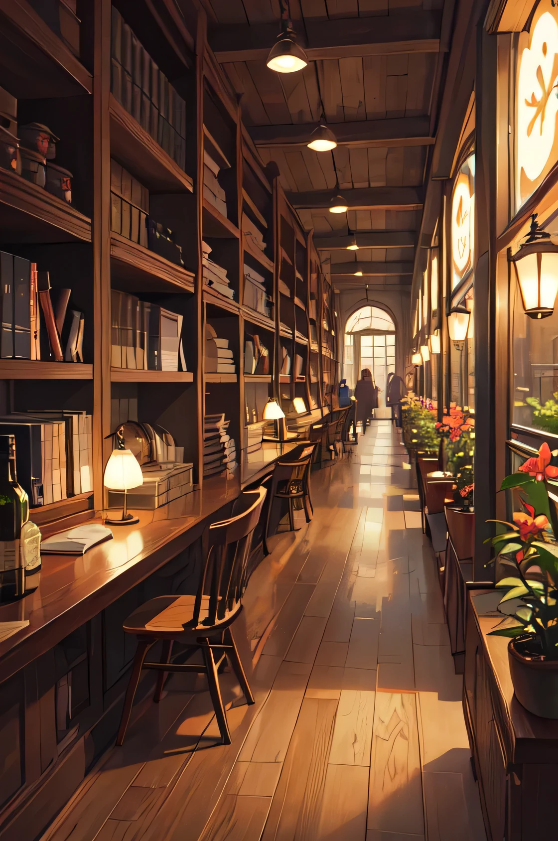 (masterpiece:1.2), Highest quality,Pixiv, Night view,
scenery, human, window, plant, potted plant, indoor, shelf, Wooden floor, lanthanum, lamp, Book, Bookshelf, Blurred, table, bottle, Depth of written boundary, Chair, cup, Fantasy, Barrel, ladder,Funny Times Shop, A bright and colorful place with magical brushes flying around, And smiling, laughing customers.