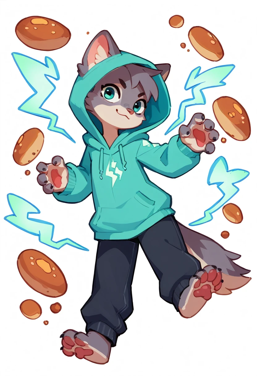 The Q version of the cute wolf，throwing electricity, seductive pose, seductive expression, white background, hoodie, paws, beans
