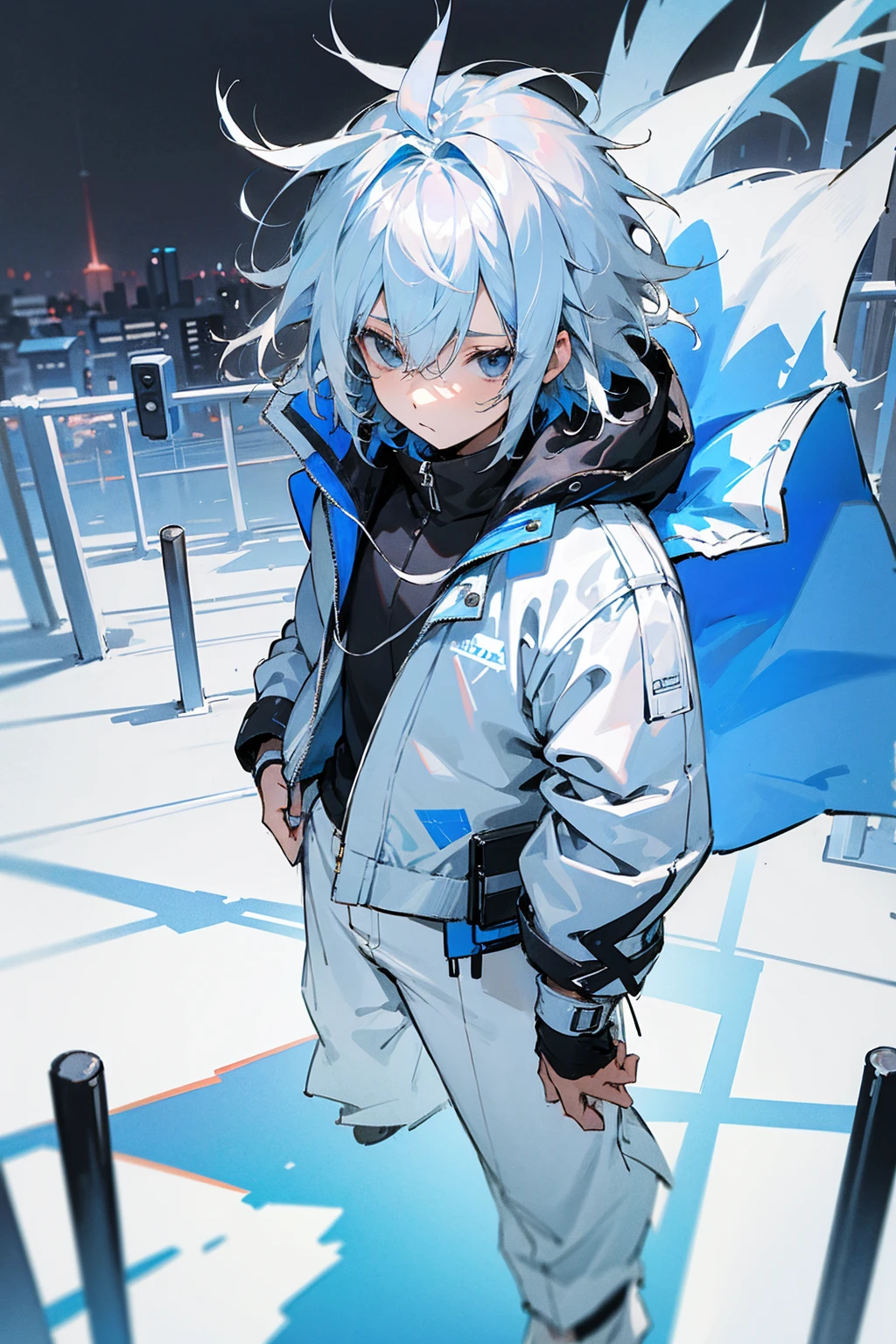 1male, white hair, blue hair, oumbre hair, two tone hair, teenager, short hair, messy hair, black eyes, oversized light blue jacket, white shirt, layered clothing, white pants, city background, detailed background, hands to side, standing on path, expressionless