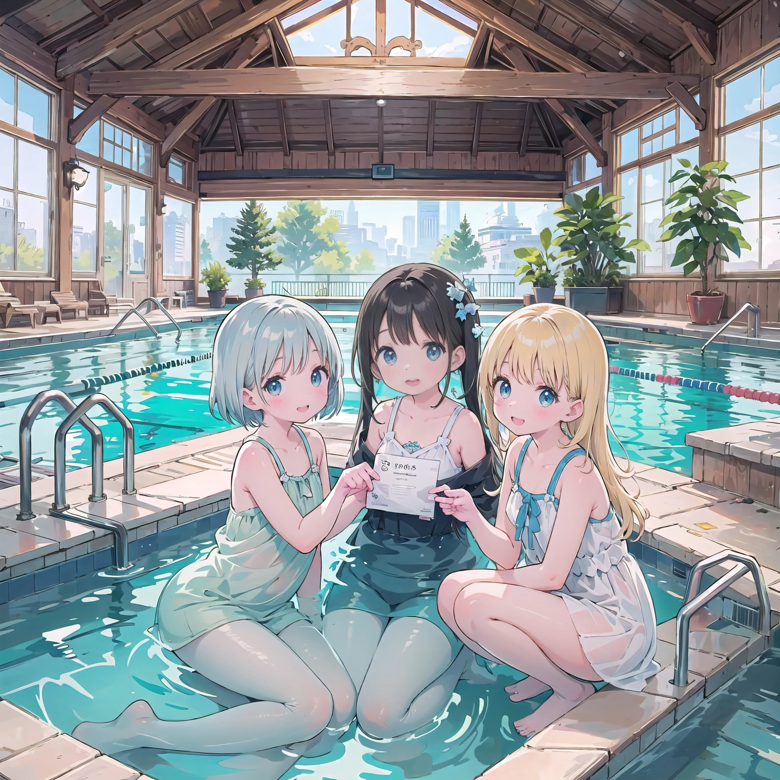 Ilustración finamente detallada, mejor calidad, obra maestra, color vibrante,、Niña bonita、Piscina interior grande、sonrisa feliz、hermoso fondo, Cuatro chicas,