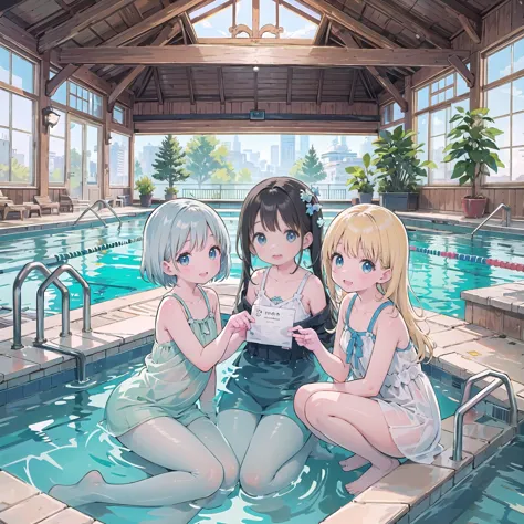 finely detailed illustration, best quality, masterpiece, vibrant color,8-year-old、pretty girl、Large indoor pool、Happy smile、Beau...