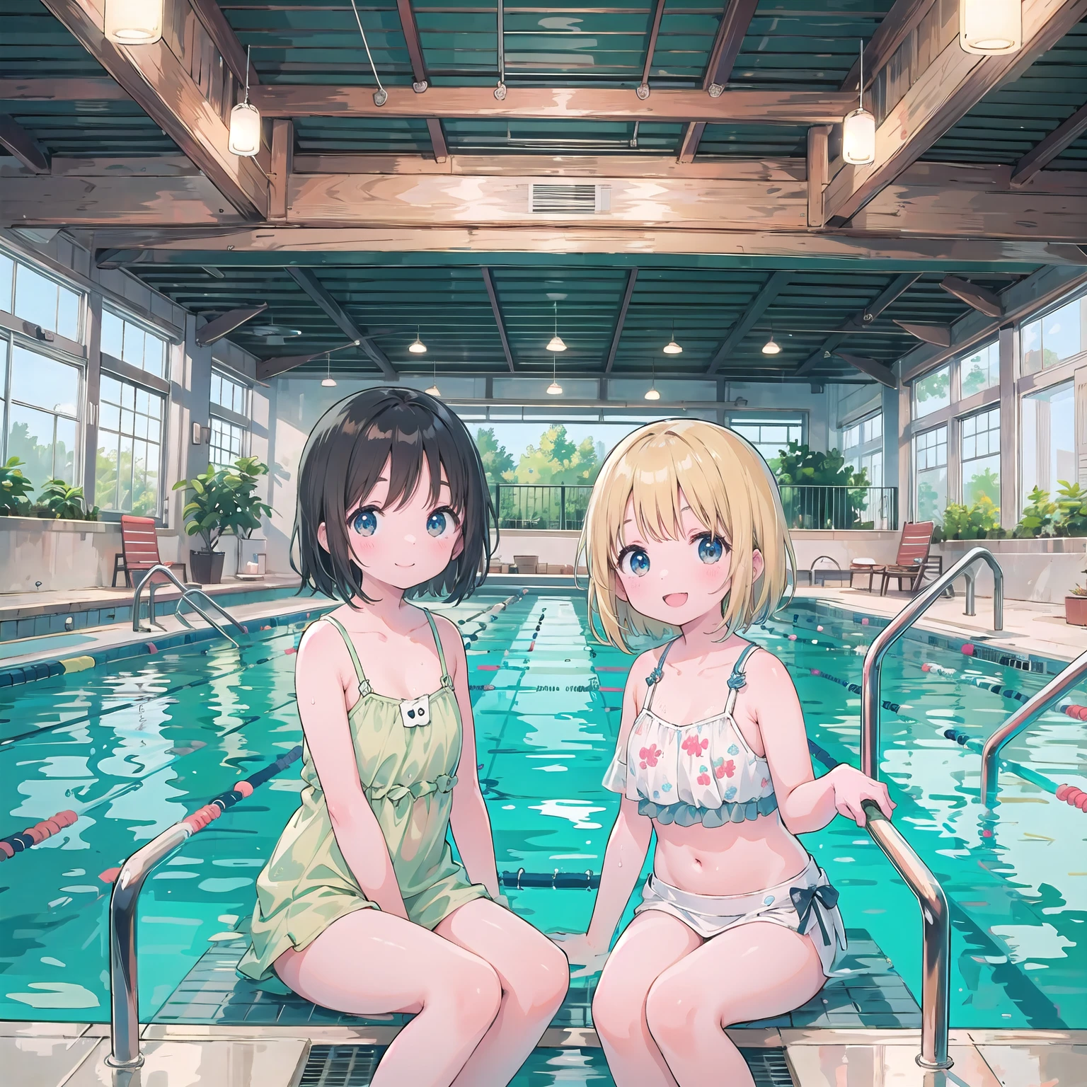 finely detailed illustration, best quality, masterpiece, vibrant color,8-year-old、pretty girl、Large indoor pool、Happy smile、Beautiful background, Four Girls,