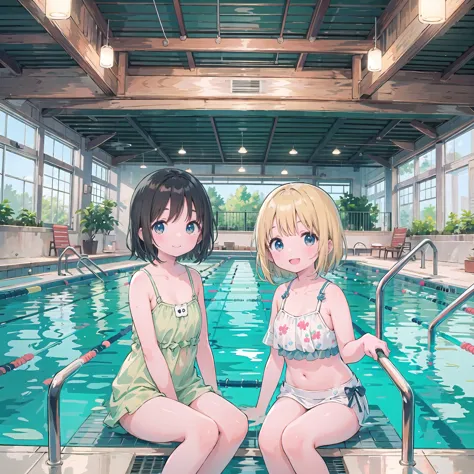 finely detailed illustration, best quality, masterpiece, vibrant color,8-year-old、pretty girl、Large indoor pool、Happy smile、Beau...