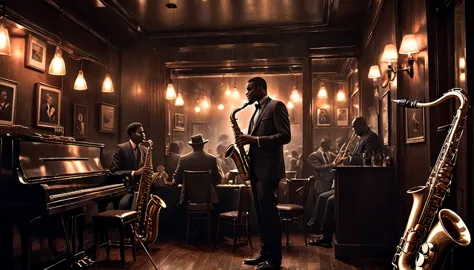 a moody scene at a intimate jazzclub, dark and smokey, a sole saxophonist is playing the gig of a lifetime, insane intricate det...