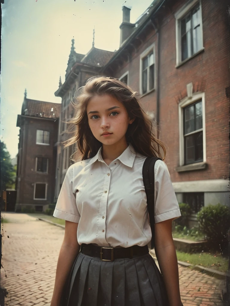 35mm film, An extreme low angle captivating photograph taken from the ground level below of a 16 year old high school girl posing outdoor with the background of a vintage intricately detailed Dutch colonial building. She is silhouetted against a radiant, open sky. With her long, tied-back hair flowing gracefully, she dons a humble uniform, white short sleeves shirt with brown patch on her left pocket grey pleated skirt and black belt, and a black school bag, she gazes intently at the camera, exuding an enigmatic aura. The striking, high-contrast lighting enhances the atmosphere, making this scene truly unforgettable. She is looking directly unto the camera with lost look and a slight smile, with cinematic lighting, professional high definition photography style ,fotorrealista
