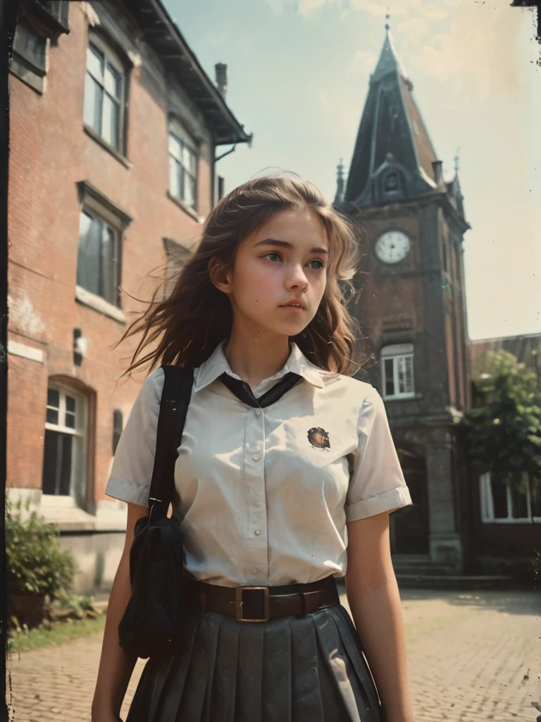 35mm film, An extreme low angle captivating photograph taken from the ground level below of a 16 year old high school girl posing outdoor with the background of a vintage intricately detailed Dutch colonial building. She is silhouetted against a radiant, open sky. With her long, tied-back hair flowing gracefully, she dons a humble uniform, white short sleeves shirt with brown patch on her left pocket grey pleated skirt and black belt, and a black school bag, she gazes intently at the camera, exuding an enigmatic aura. The striking, high-contrast lighting enhances the atmosphere, making this scene truly unforgettable. She is looking directly unto the camera with lost look and a slight smile, with cinematic lighting, professional high definition photography style ,fotorrealista
