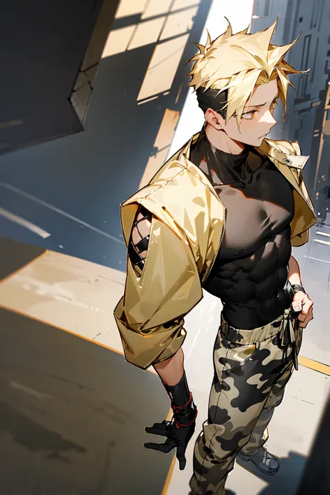 1male, blonde hair, black design headband, expressionless, undercut hair, golden eyes, baggy black tanktop, baggy white camoufla...