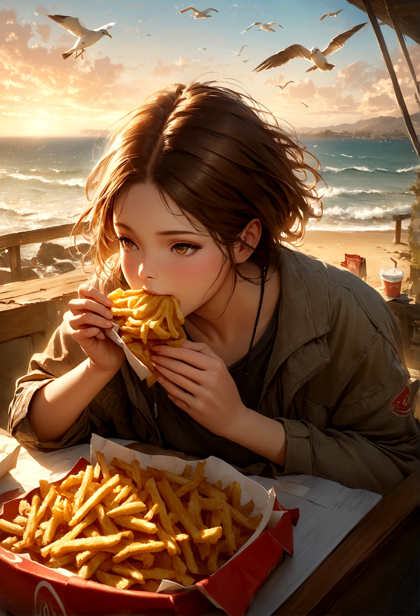 Craving the fries ((seagulls eating fries :1.9)), fast food restaurant, seaside burger shop, detailed realistic oil painting, beautifully detailed, photorealistic, 8k, masterpiece, highly detailed, vibrant colors, warm lighting, cozy atmosphere, beautiful landscape, dramatic sky, realistic textures, intricate details, cinematic composition,