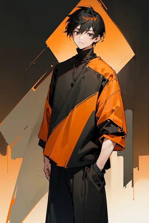 1male, short hair, black hair, orange hair, two tone hair, oumbre hair, black eyes, orange and black gradient baggy sweater, bla...