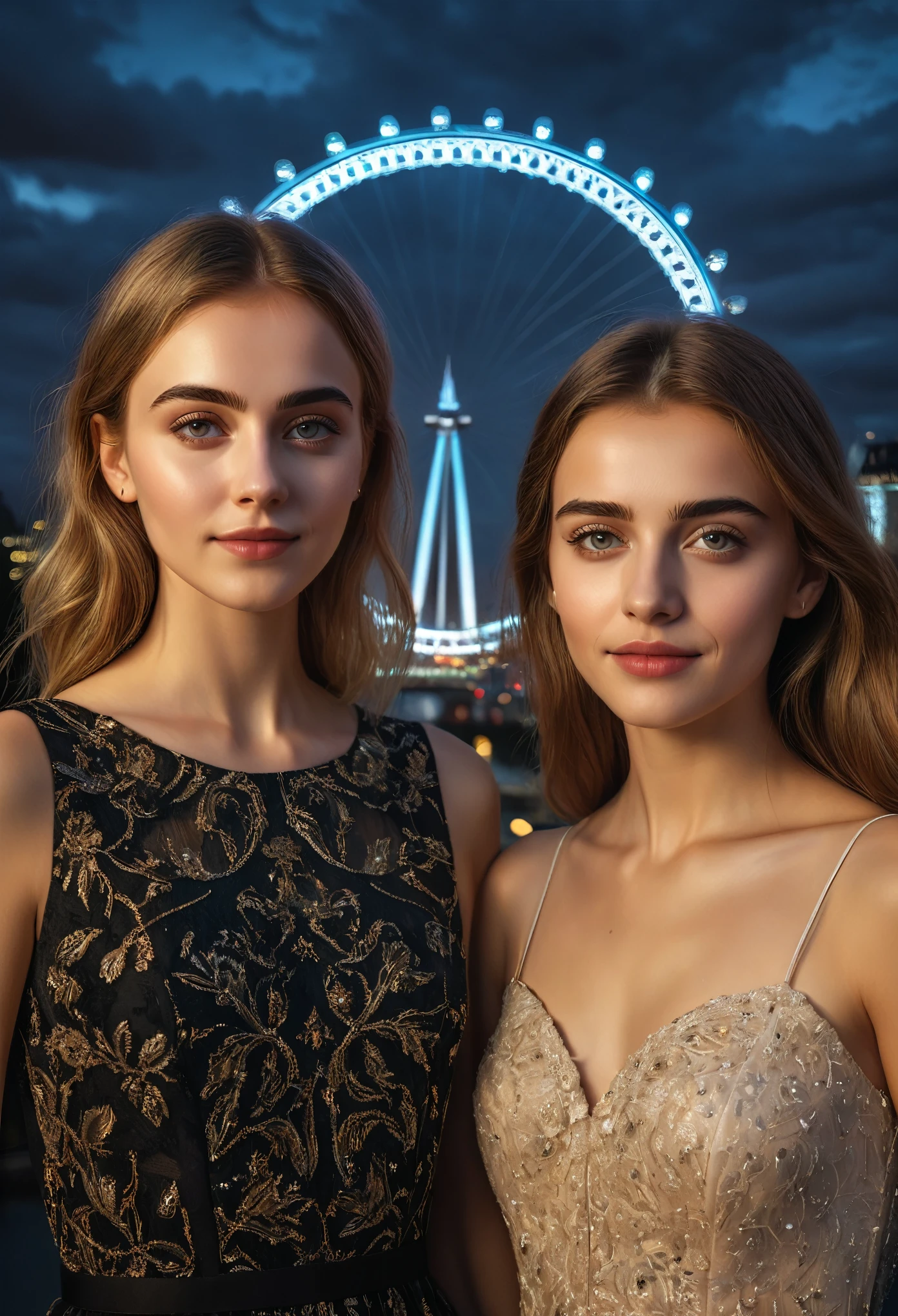 (best quality,4k,8k,highres,masterpiece:1.2),ultra-detailed,(realistic,photorealistic,photo-realistic:1.37), 2 beautiful British teenage girls standing in front of the London Eye, summer night, 2girls, beautiful detailed eyes, beautiful detailed lips, smiling, extremely detailed eyes and face, long eyelashes, elegant dress, cinematic lighting, dramatic cinematic composition, warm color tones, dramatic cloudy sky, highly detailed, 8k, photorealistic, masterpiece, digital painting, concept art