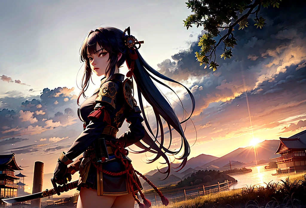 a picture of Japanese female samurai, she has long black hair, wearing samurai armor, armed with a katana, ready for battle, dynamic angle,, Japanese fantasy art, (Masterpiece: 1.5), 16k, highres, best quality, high details, ultra detailed, masterpiece, best quality, (extremely detailed), arafed, dnd art, , magical dagger