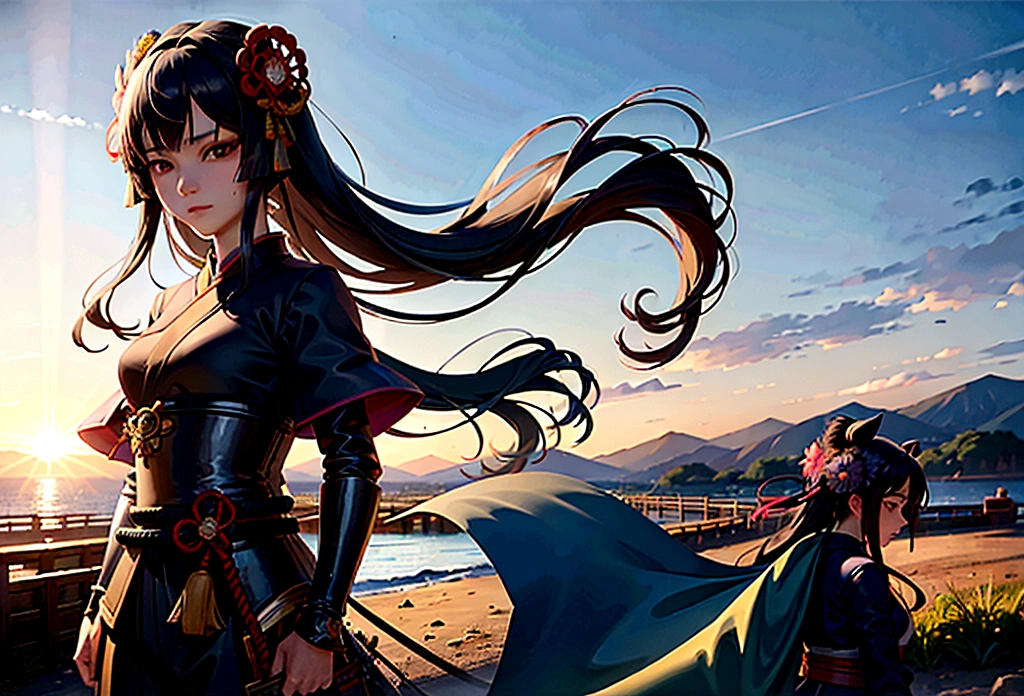 a picture of Japanese female samurai, she has long black hair, wearing samurai armor, armed with a katana, ready for battle, dynamic angle,, Japanese fantasy art, (Masterpiece: 1.5), 16k, highres, best quality, high details, ultra detailed, masterpiece, best quality, (extremely detailed), arafed, dnd art, , magical dagger