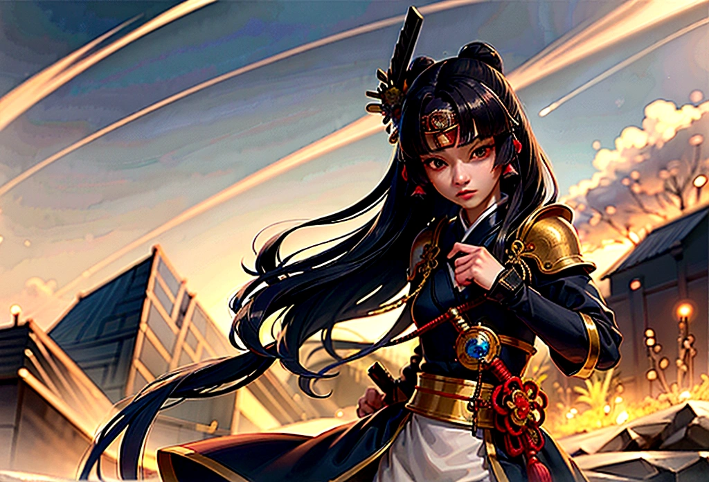 a picture of Japanese female samurai, she has long black hair, wearing samurai armor, armed with a katana, ready for battle, dynamic angle,, Japanese fantasy art, (Masterpiece: 1.5), 16k, highres, best quality, high details, ultra detailed, masterpiece, best quality, (extremely detailed), arafed, dnd art, , magical dagger