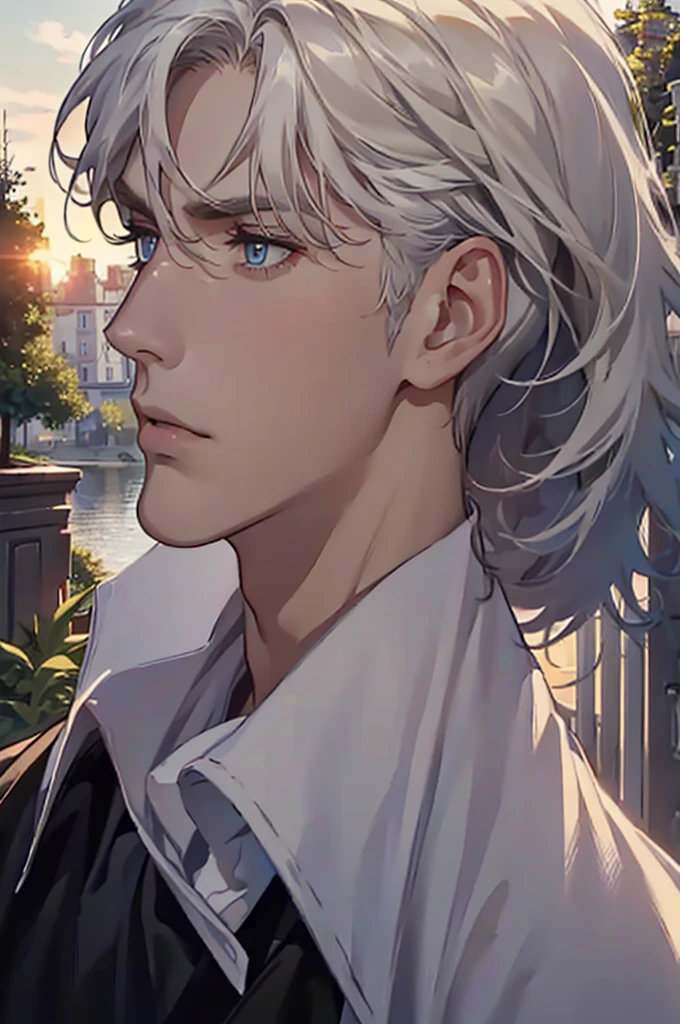 ((masterpiece:1.2, Best quality)), 4k, adult, European face, 1 person, male, mature, masculine, Beautiful, very tall, Muscles, broad shoulders, dark casual wear, White skin, medium white hair, Blue eyes, portrait, sunset, old house with apple trees. 
