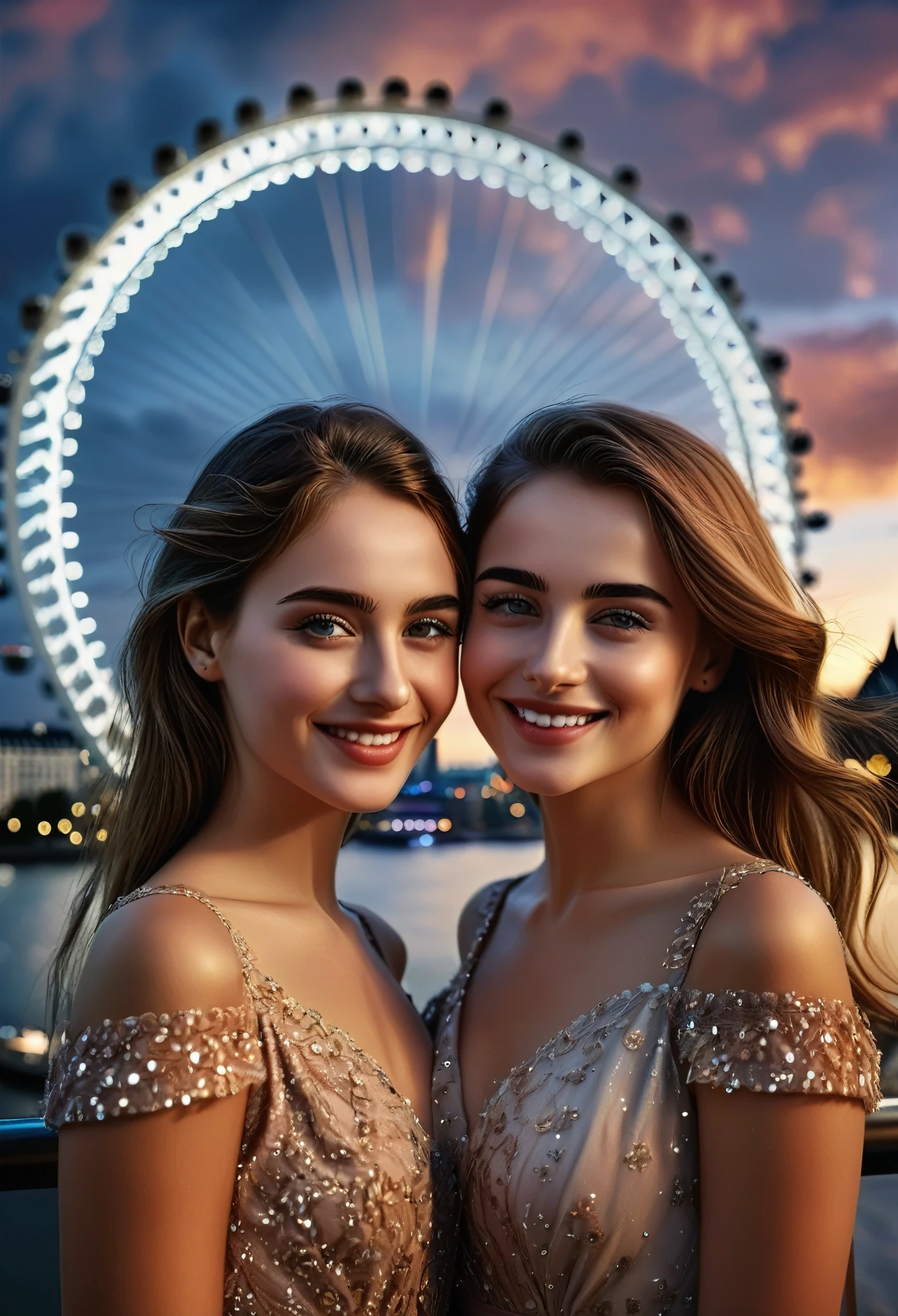 (best quality,4k,8k,highres,masterpiece:1.2),ultra-detailed,(realistic,photorealistic,photo-realistic:1.37), 2 beautiful British teenage girls standing in front of the London Eye, summer night, 2girls, beautiful detailed eyes, beautiful detailed lips, smiling, extremely detailed eyes and face, long eyelashes, elegant dress, cinematic lighting, dramatic cinematic composition, warm color tones, dramatic cloudy sky, highly detailed, 8k, photorealistic, masterpiece, digital painting, concept art