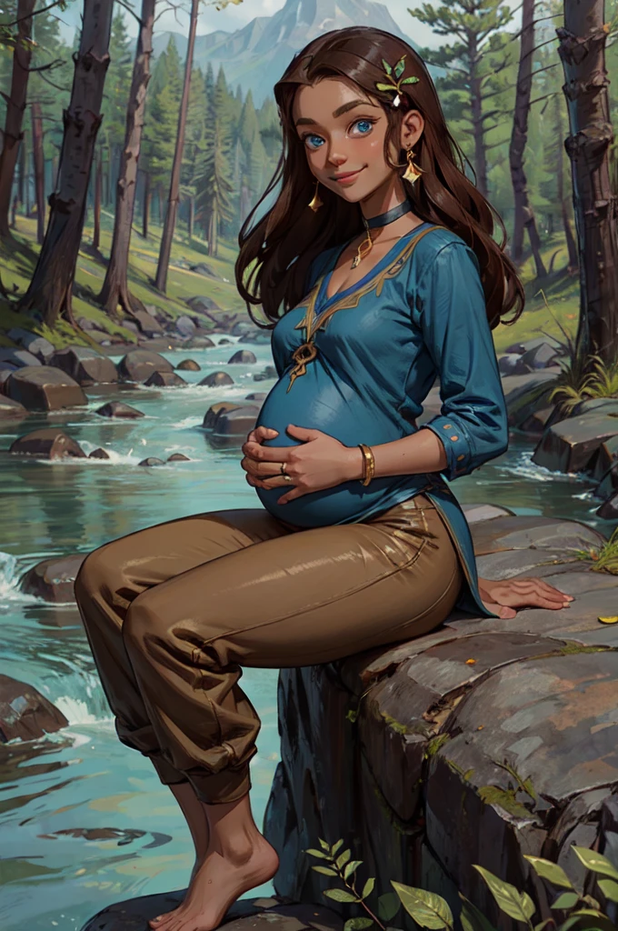 katara, choker, dark skin, blue eyes, brown hair, hair ornament, blue shirt, pants, white trim, looking at viewer, serious, smiling, sitting, on rock, outside, river, forest, trees, overcast, high quality, masterpiece, hyper-pregnant 