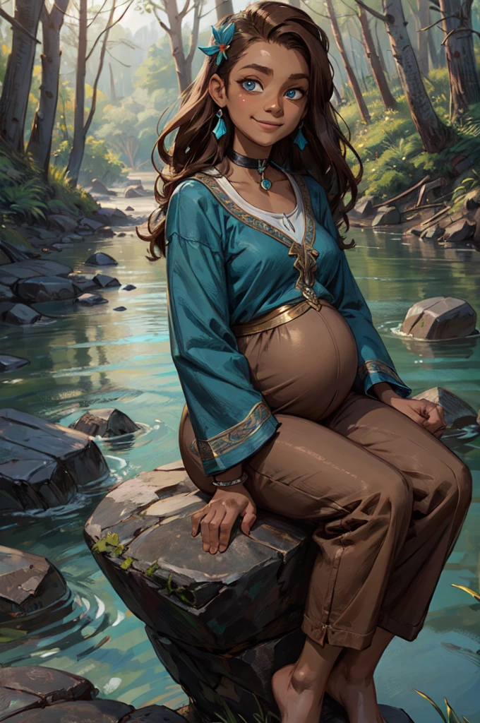 katara, choker, dark skin, blue eyes, brown hair, hair ornament, blue shirt, pants, white trim, looking at viewer, serious, smiling, sitting, on rock, outside, river, forest, trees, overcast, high quality, masterpiece, hyper-pregnant 